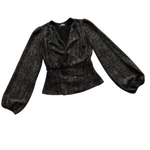 Reformation Balloon Sleeve Lined‎ V Neck Black Gold Shimmer Wrap Blouse Top XS